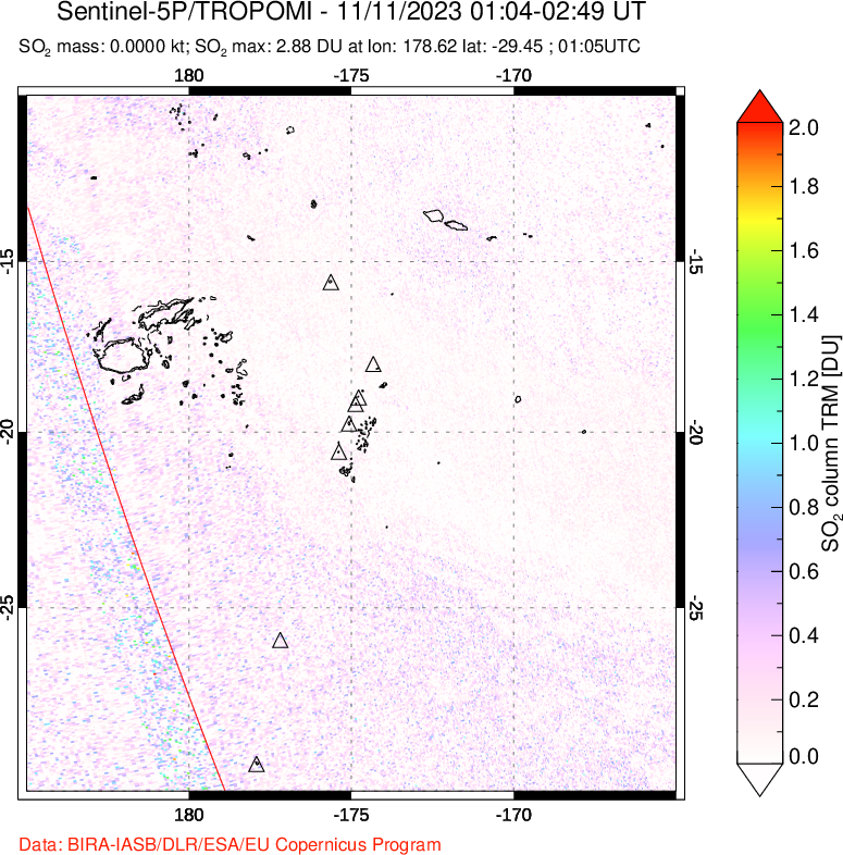 A sulfur dioxide image over Tonga, South Pacific on Nov 11, 2023.