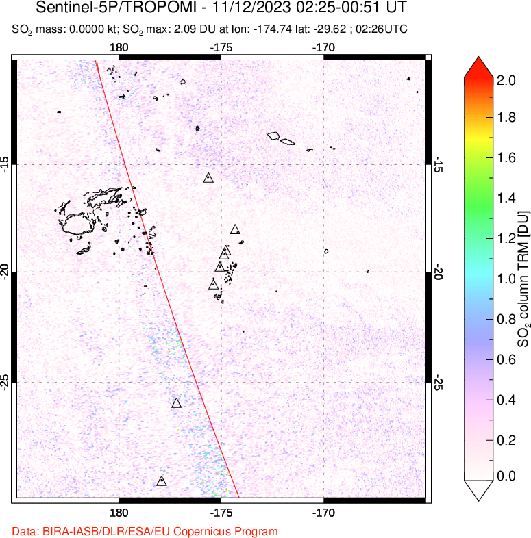 A sulfur dioxide image over Tonga, South Pacific on Nov 12, 2023.