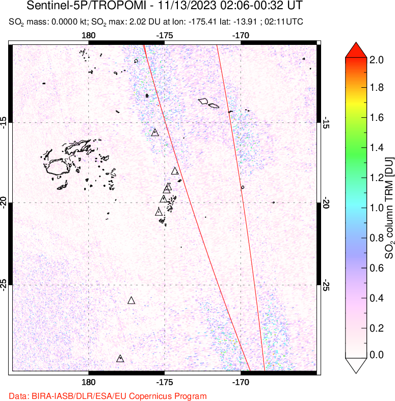 A sulfur dioxide image over Tonga, South Pacific on Nov 13, 2023.