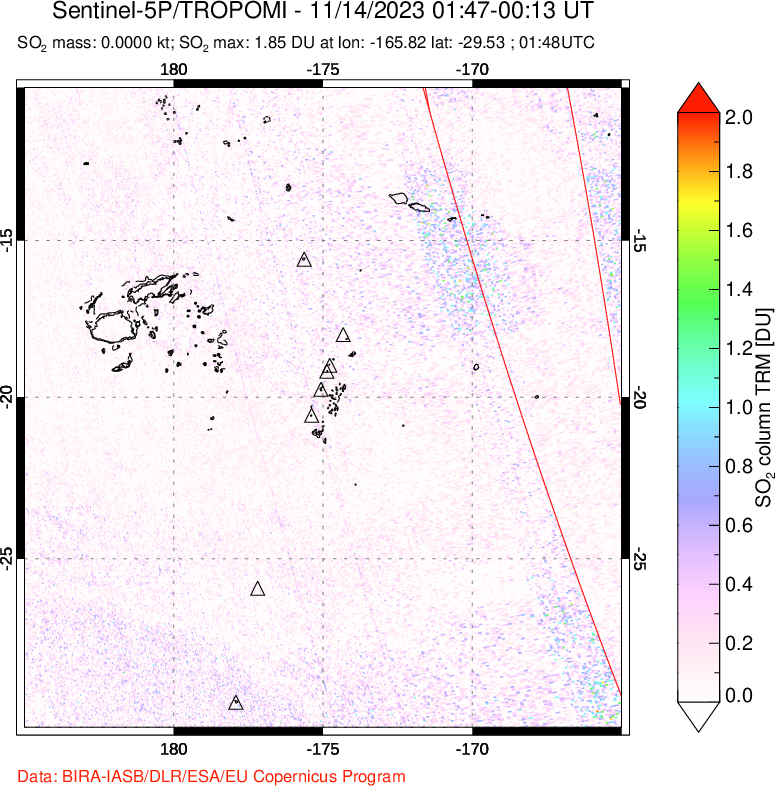 A sulfur dioxide image over Tonga, South Pacific on Nov 14, 2023.