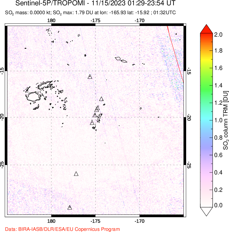 A sulfur dioxide image over Tonga, South Pacific on Nov 15, 2023.