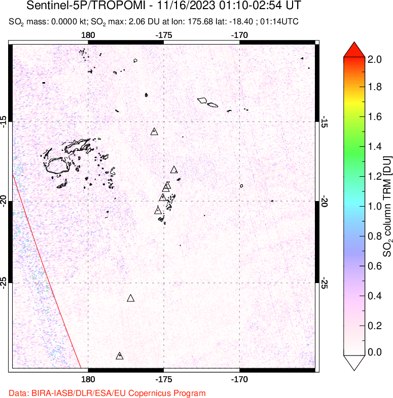 A sulfur dioxide image over Tonga, South Pacific on Nov 16, 2023.