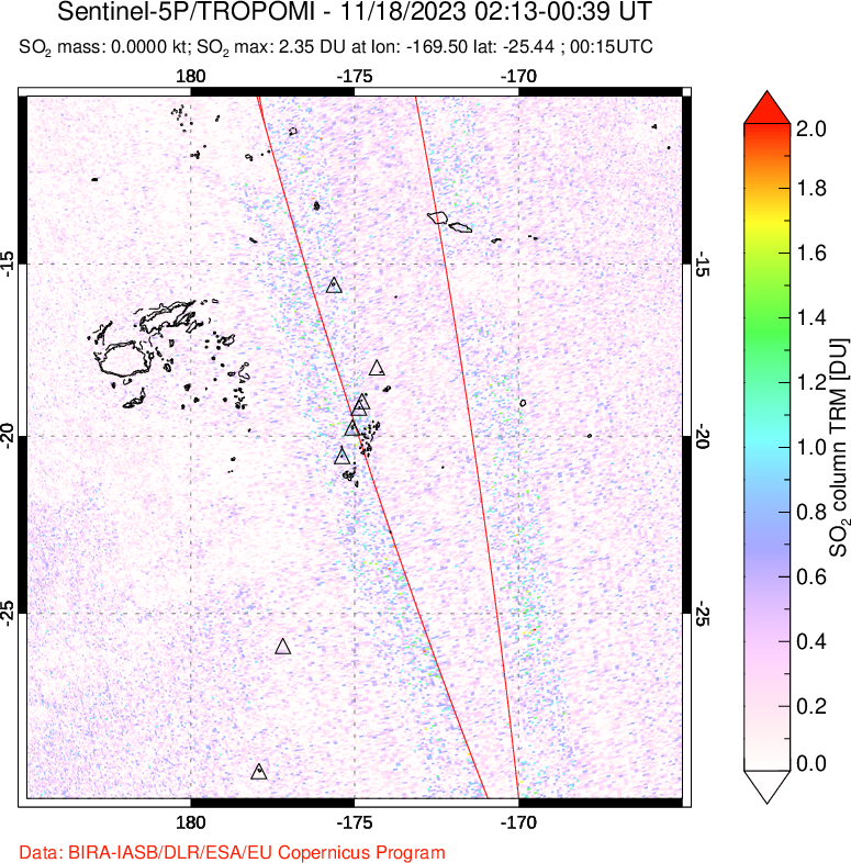 A sulfur dioxide image over Tonga, South Pacific on Nov 18, 2023.