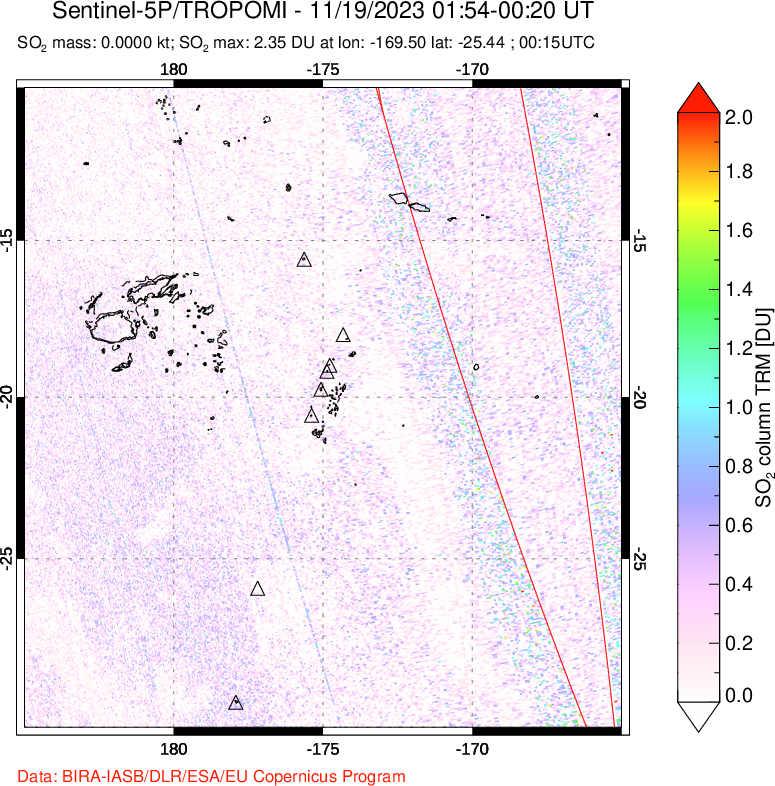 A sulfur dioxide image over Tonga, South Pacific on Nov 19, 2023.