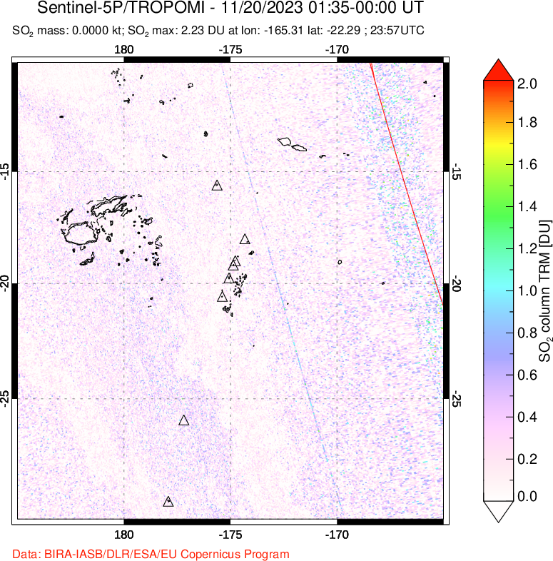 A sulfur dioxide image over Tonga, South Pacific on Nov 20, 2023.