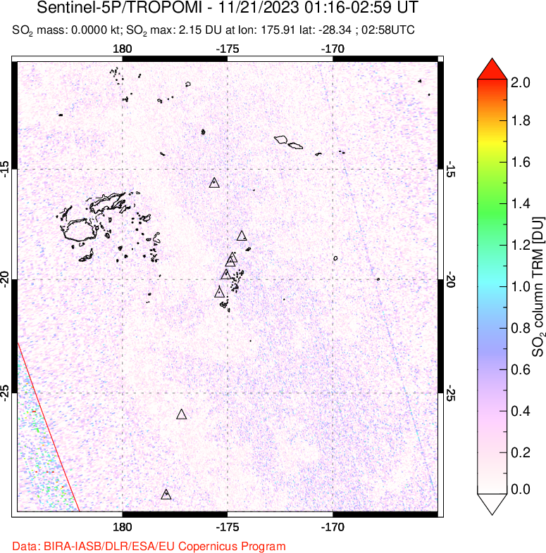 A sulfur dioxide image over Tonga, South Pacific on Nov 21, 2023.