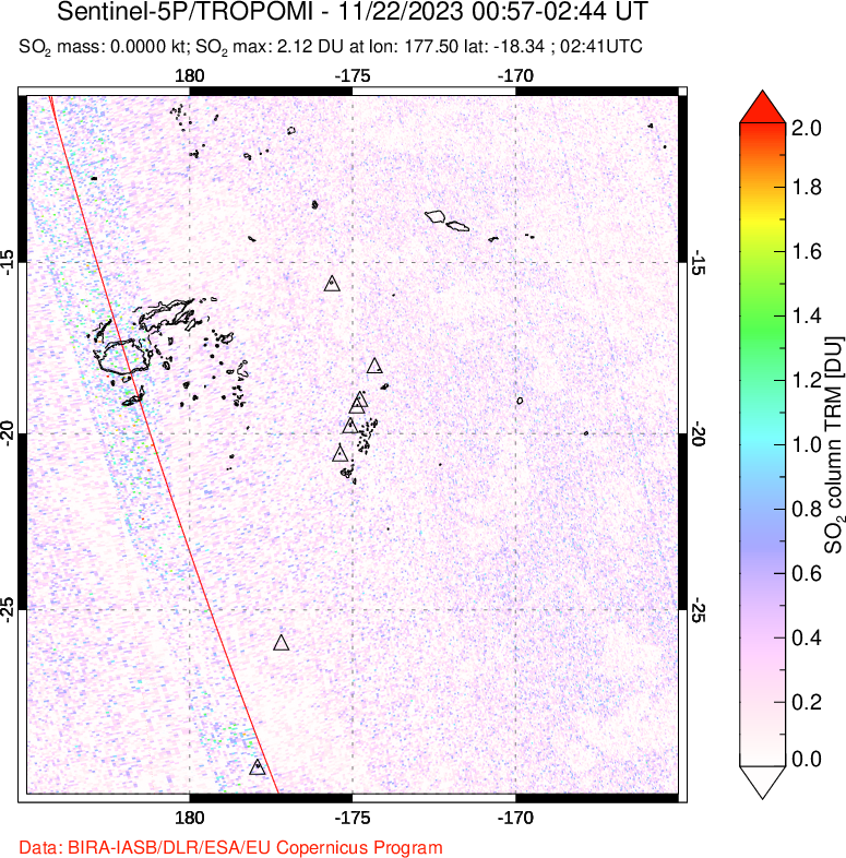 A sulfur dioxide image over Tonga, South Pacific on Nov 22, 2023.