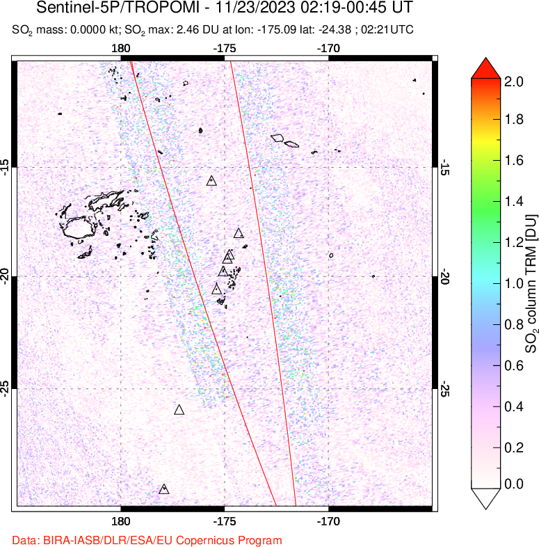 A sulfur dioxide image over Tonga, South Pacific on Nov 23, 2023.