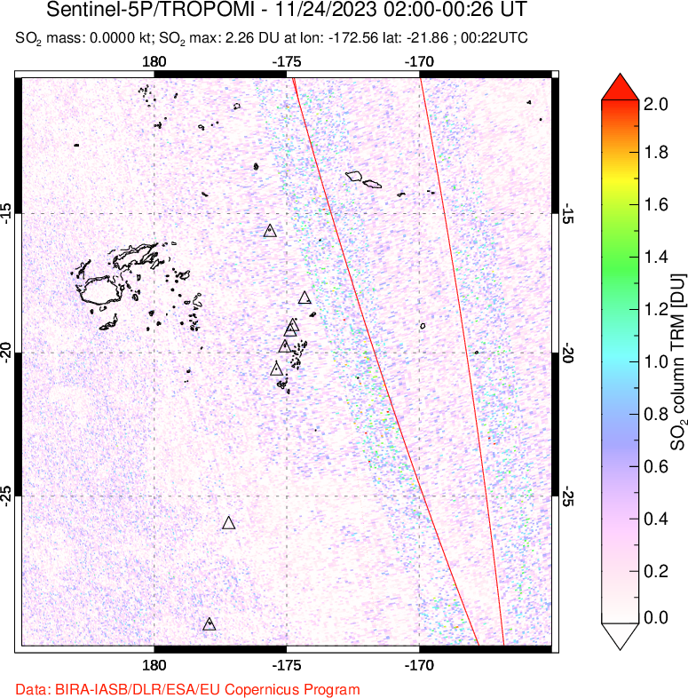 A sulfur dioxide image over Tonga, South Pacific on Nov 24, 2023.