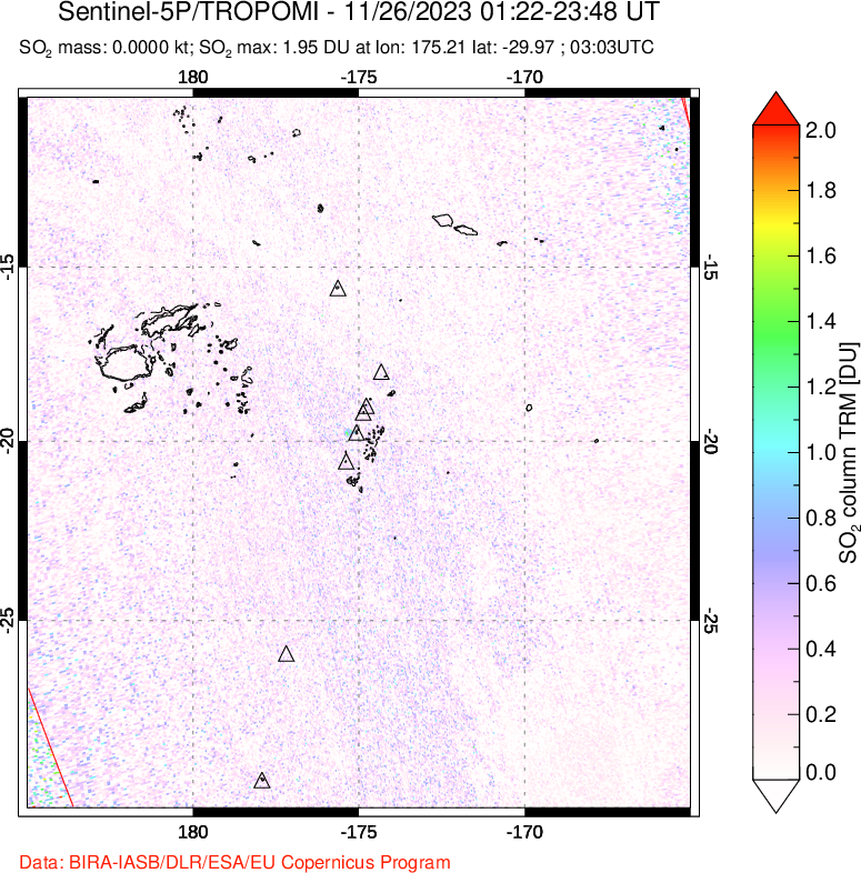 A sulfur dioxide image over Tonga, South Pacific on Nov 26, 2023.