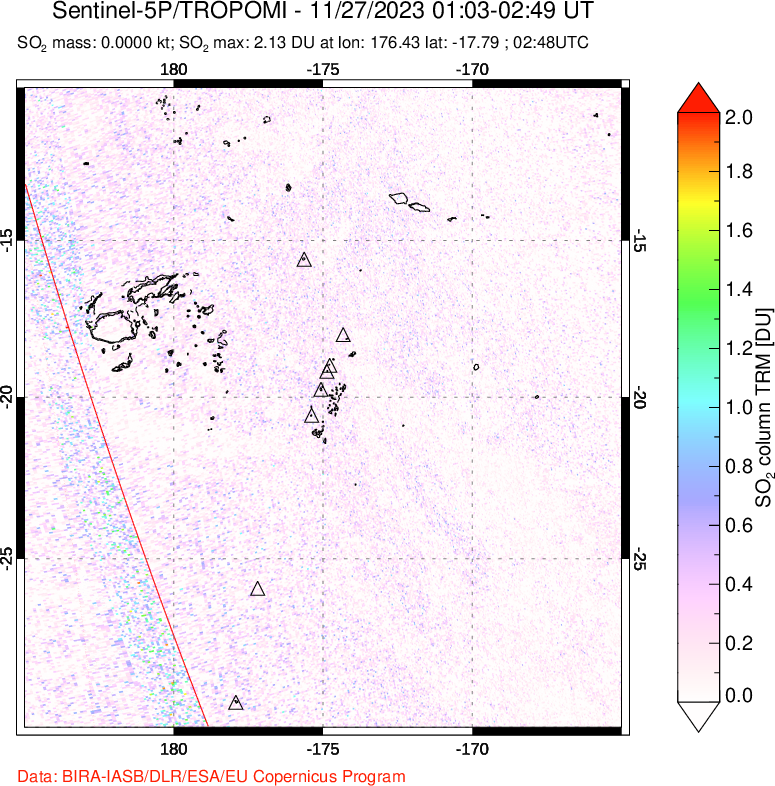 A sulfur dioxide image over Tonga, South Pacific on Nov 27, 2023.