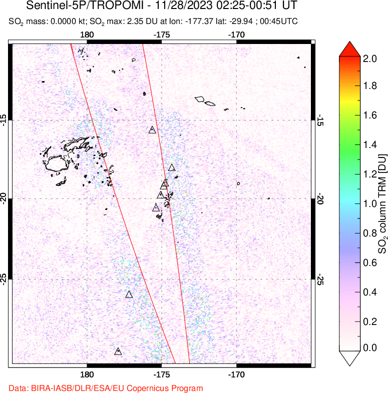 A sulfur dioxide image over Tonga, South Pacific on Nov 28, 2023.