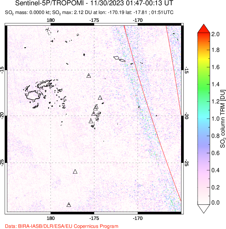 A sulfur dioxide image over Tonga, South Pacific on Nov 30, 2023.