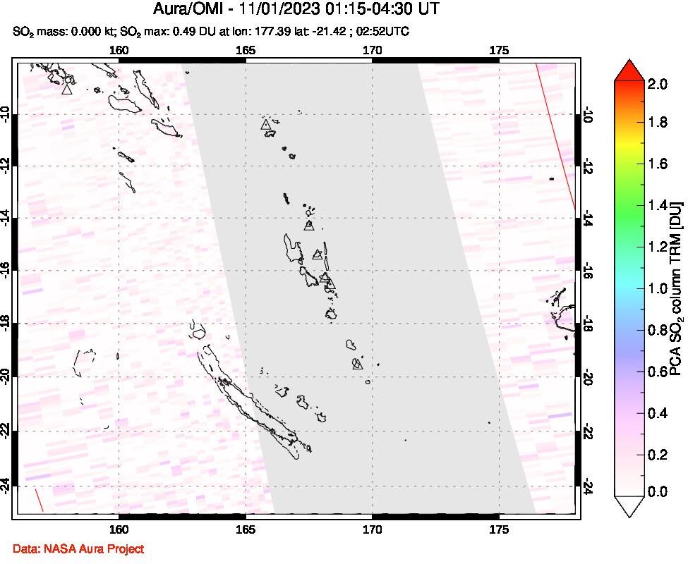 A sulfur dioxide image over Vanuatu, South Pacific on Nov 01, 2023.