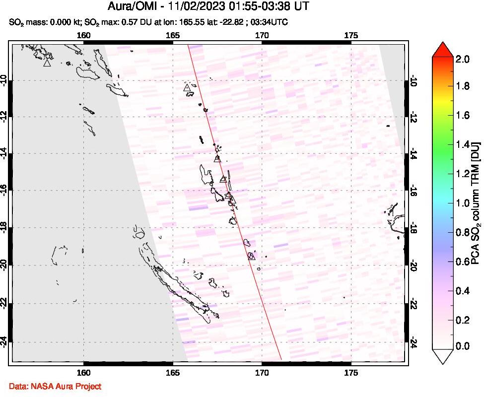 A sulfur dioxide image over Vanuatu, South Pacific on Nov 02, 2023.