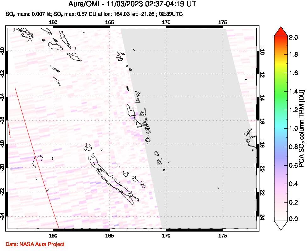 A sulfur dioxide image over Vanuatu, South Pacific on Nov 03, 2023.