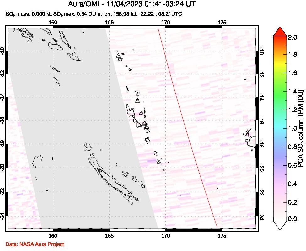 A sulfur dioxide image over Vanuatu, South Pacific on Nov 04, 2023.