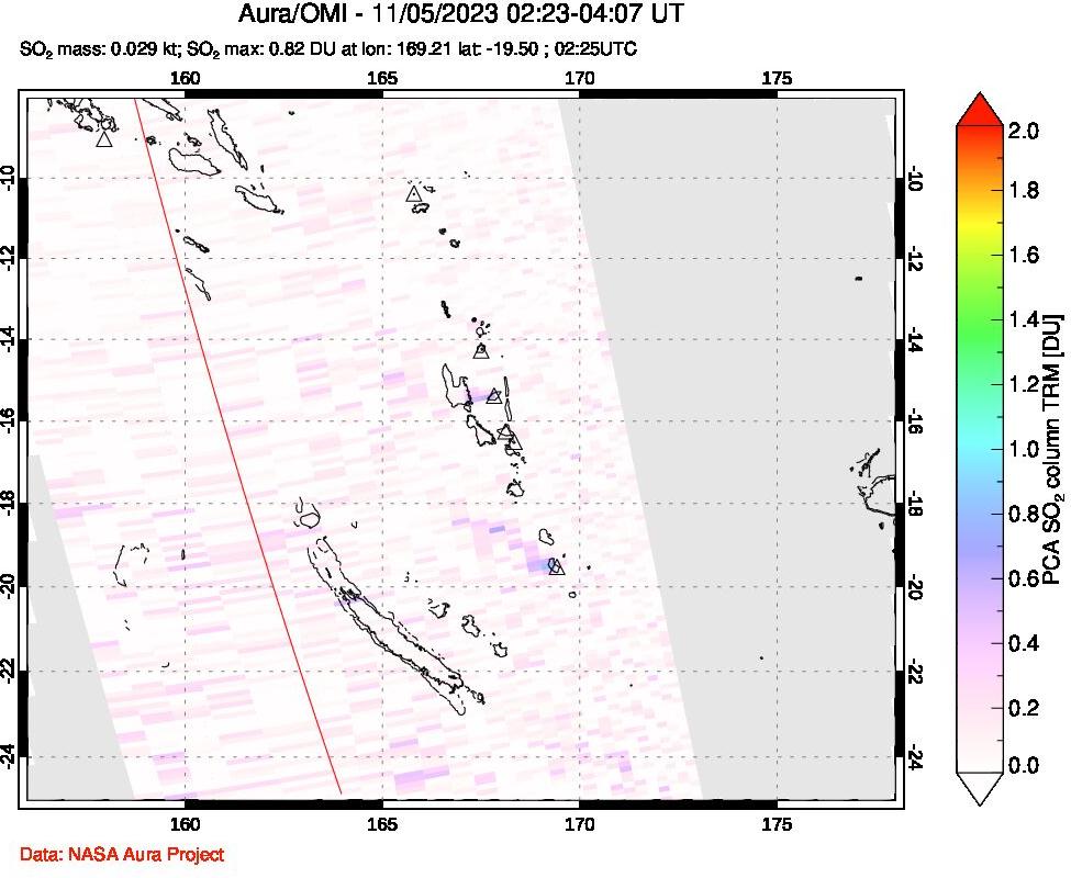 A sulfur dioxide image over Vanuatu, South Pacific on Nov 05, 2023.