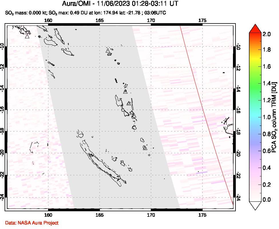 A sulfur dioxide image over Vanuatu, South Pacific on Nov 06, 2023.