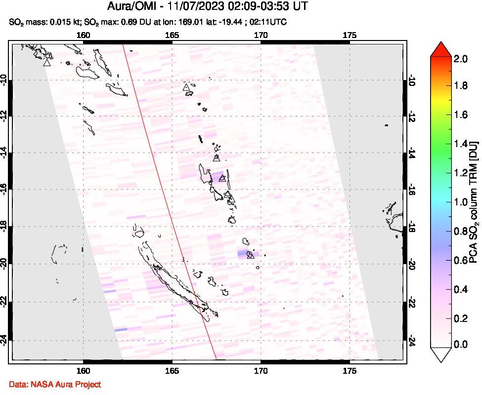 A sulfur dioxide image over Vanuatu, South Pacific on Nov 07, 2023.