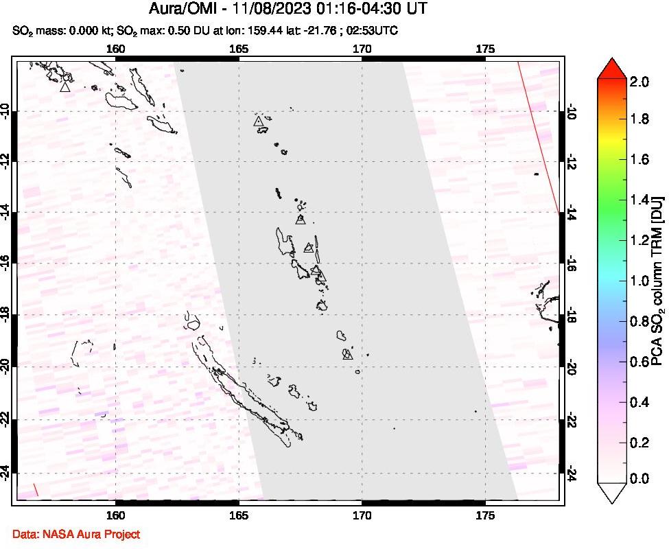 A sulfur dioxide image over Vanuatu, South Pacific on Nov 08, 2023.