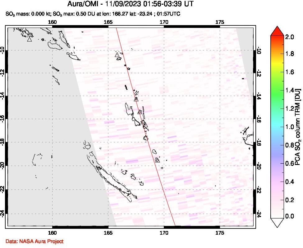 A sulfur dioxide image over Vanuatu, South Pacific on Nov 09, 2023.