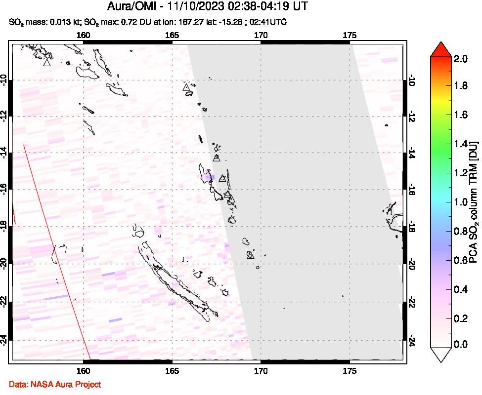 A sulfur dioxide image over Vanuatu, South Pacific on Nov 10, 2023.