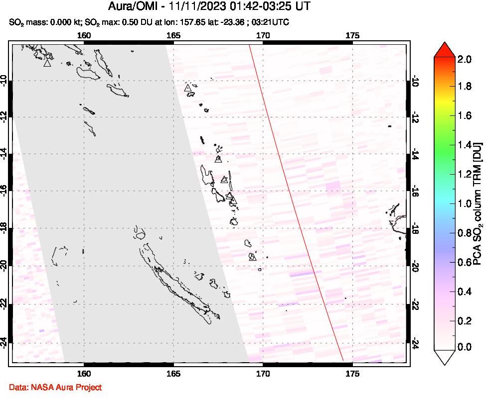 A sulfur dioxide image over Vanuatu, South Pacific on Nov 11, 2023.