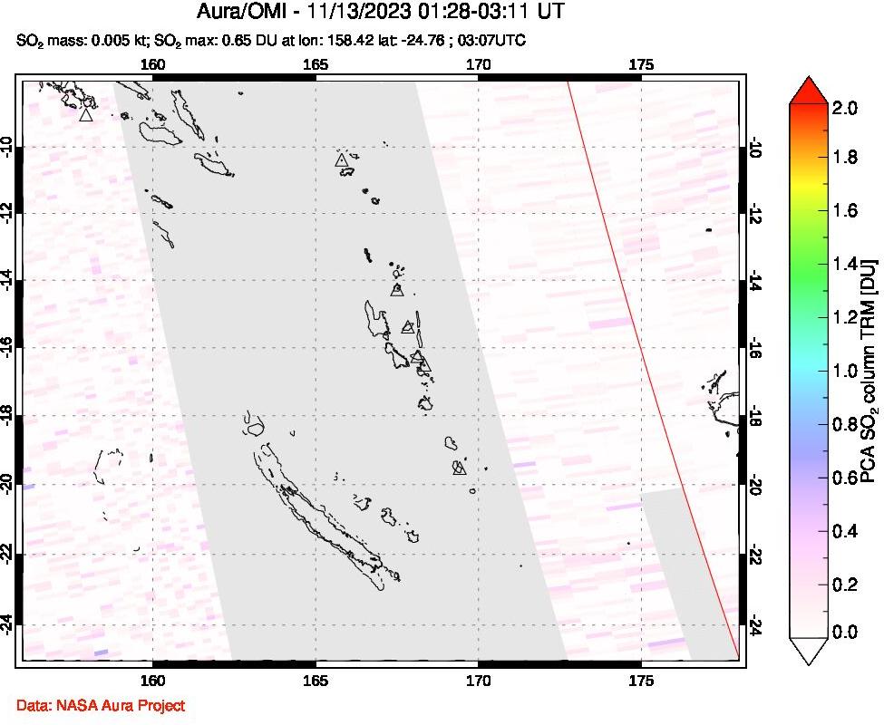 A sulfur dioxide image over Vanuatu, South Pacific on Nov 13, 2023.