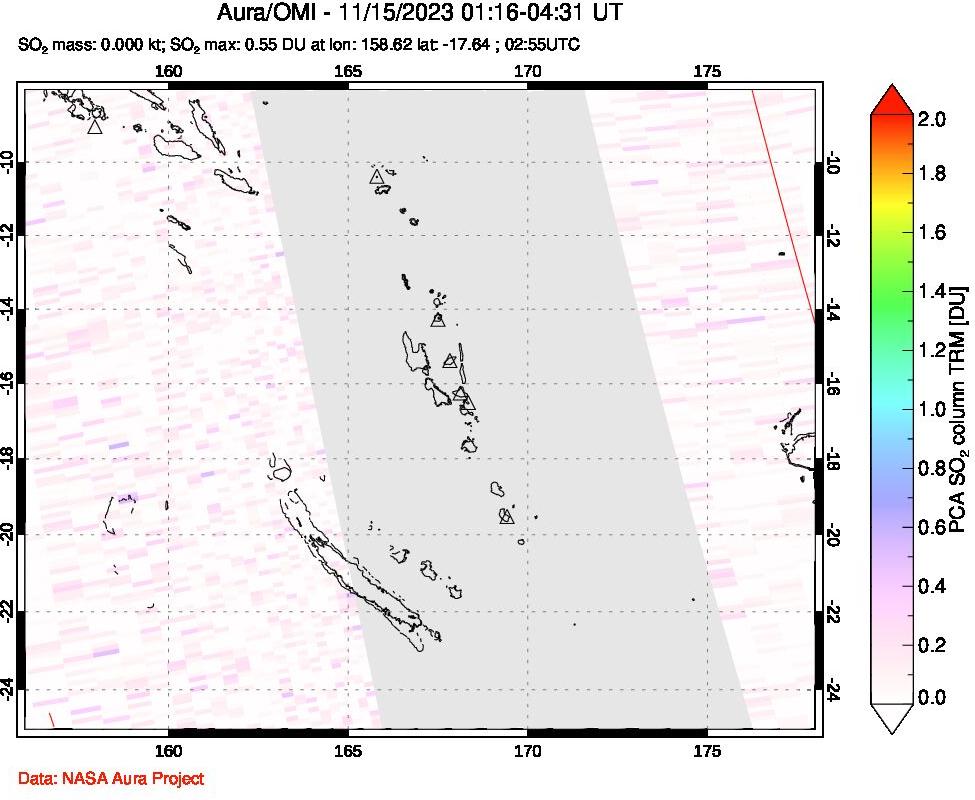 A sulfur dioxide image over Vanuatu, South Pacific on Nov 15, 2023.