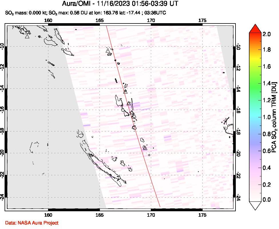 A sulfur dioxide image over Vanuatu, South Pacific on Nov 16, 2023.