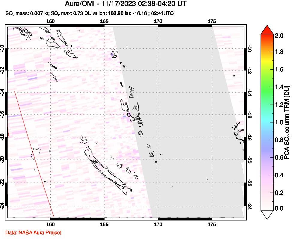 A sulfur dioxide image over Vanuatu, South Pacific on Nov 17, 2023.