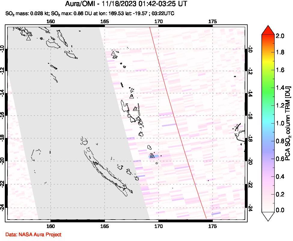 A sulfur dioxide image over Vanuatu, South Pacific on Nov 18, 2023.