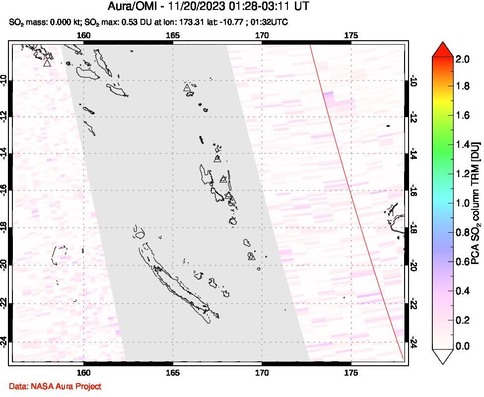 A sulfur dioxide image over Vanuatu, South Pacific on Nov 20, 2023.