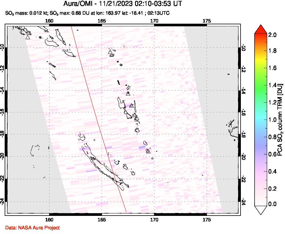 A sulfur dioxide image over Vanuatu, South Pacific on Nov 21, 2023.