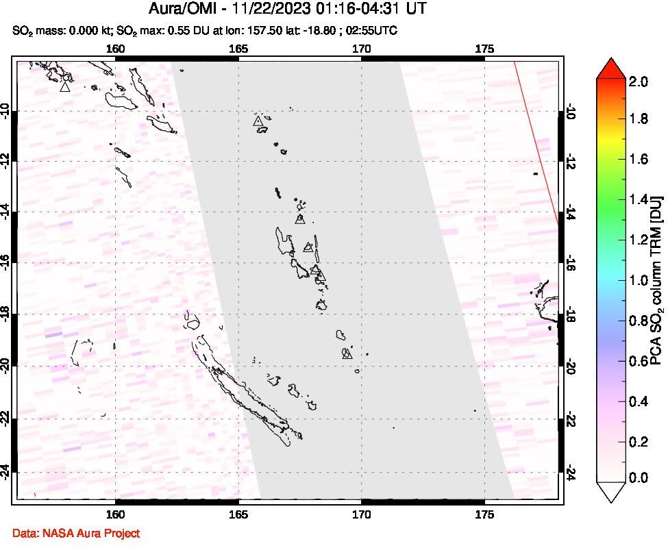 A sulfur dioxide image over Vanuatu, South Pacific on Nov 22, 2023.