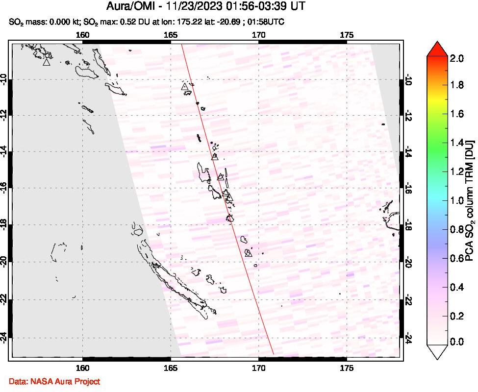 A sulfur dioxide image over Vanuatu, South Pacific on Nov 23, 2023.