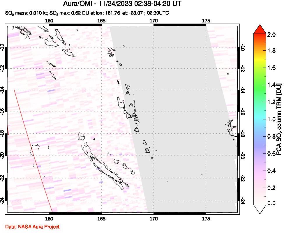 A sulfur dioxide image over Vanuatu, South Pacific on Nov 24, 2023.