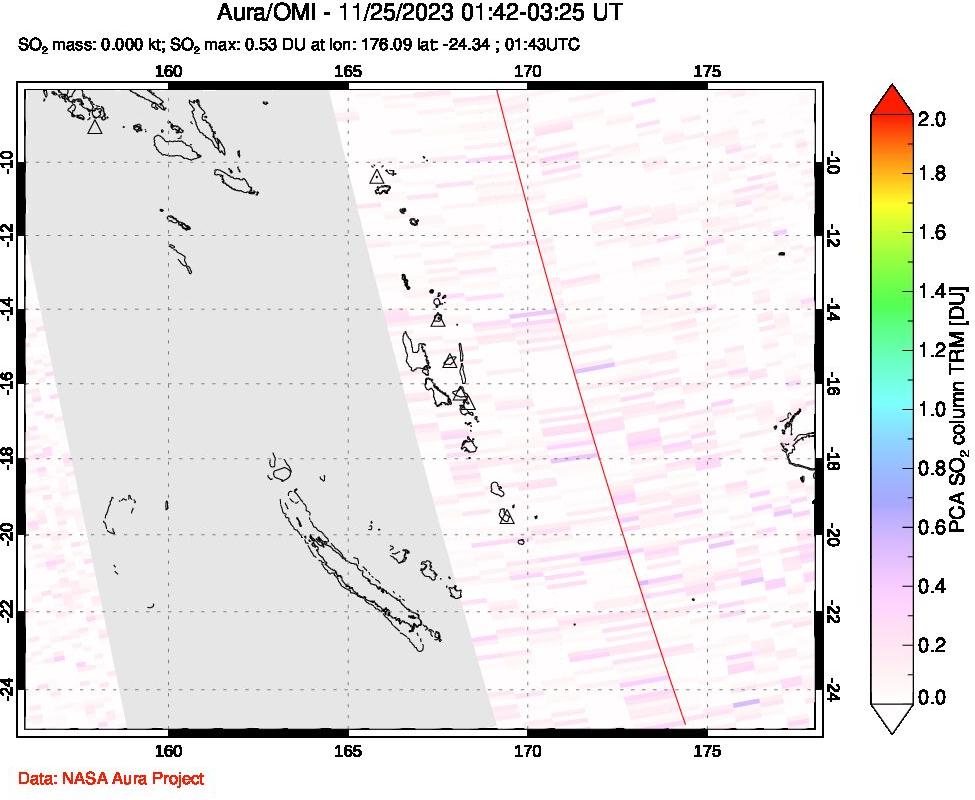 A sulfur dioxide image over Vanuatu, South Pacific on Nov 25, 2023.