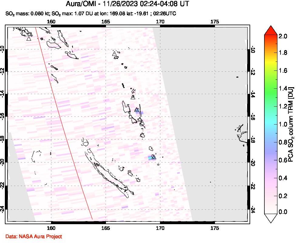 A sulfur dioxide image over Vanuatu, South Pacific on Nov 26, 2023.