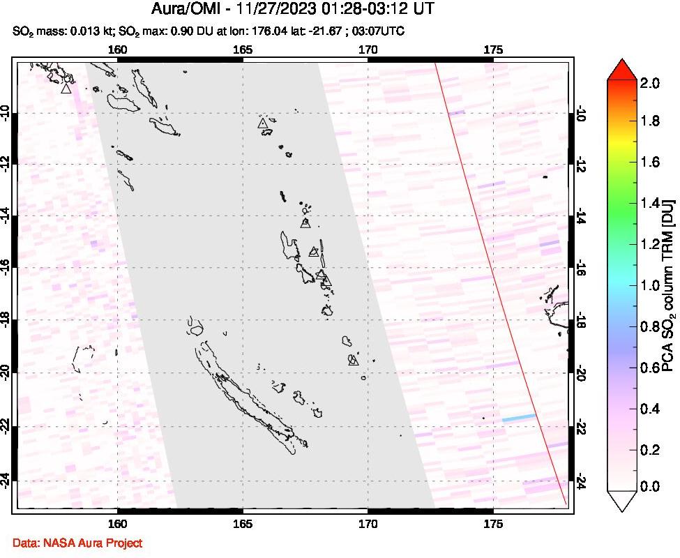 A sulfur dioxide image over Vanuatu, South Pacific on Nov 27, 2023.