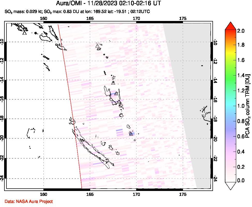 A sulfur dioxide image over Vanuatu, South Pacific on Nov 28, 2023.