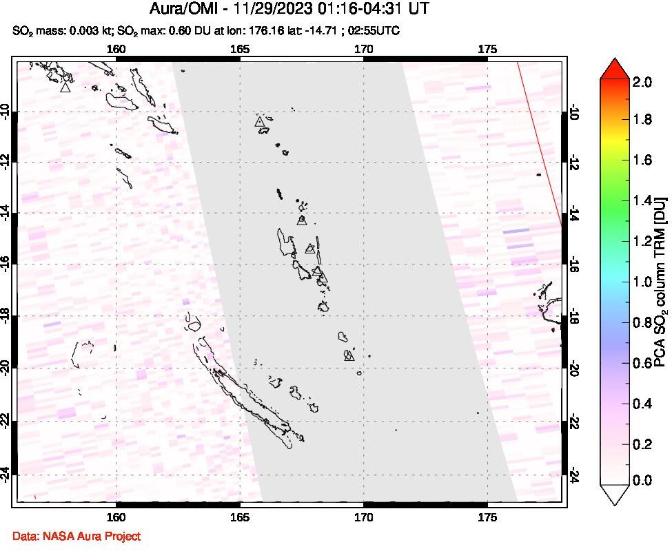 A sulfur dioxide image over Vanuatu, South Pacific on Nov 29, 2023.