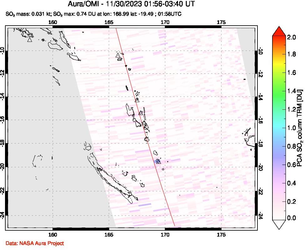 A sulfur dioxide image over Vanuatu, South Pacific on Nov 30, 2023.