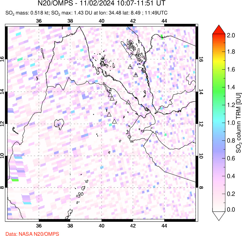 A sulfur dioxide image over Afar and southern Red Sea on Nov 02, 2024.