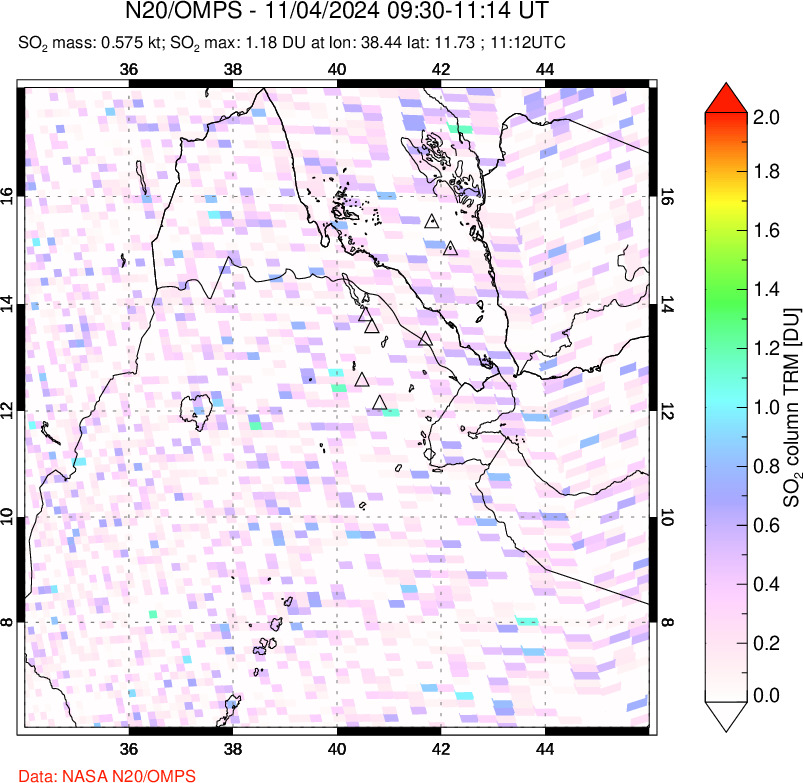 A sulfur dioxide image over Afar and southern Red Sea on Nov 04, 2024.