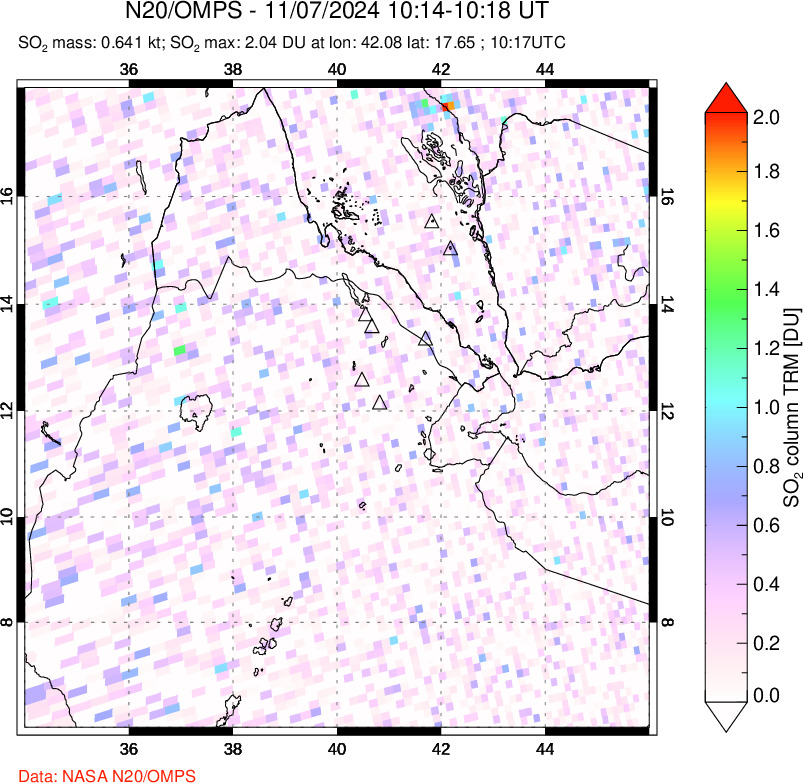 A sulfur dioxide image over Afar and southern Red Sea on Nov 07, 2024.