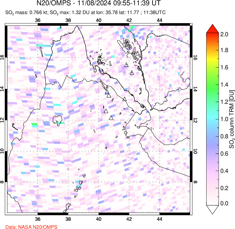 A sulfur dioxide image over Afar and southern Red Sea on Nov 08, 2024.