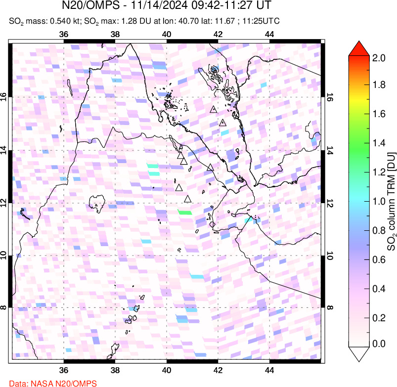 A sulfur dioxide image over Afar and southern Red Sea on Nov 14, 2024.