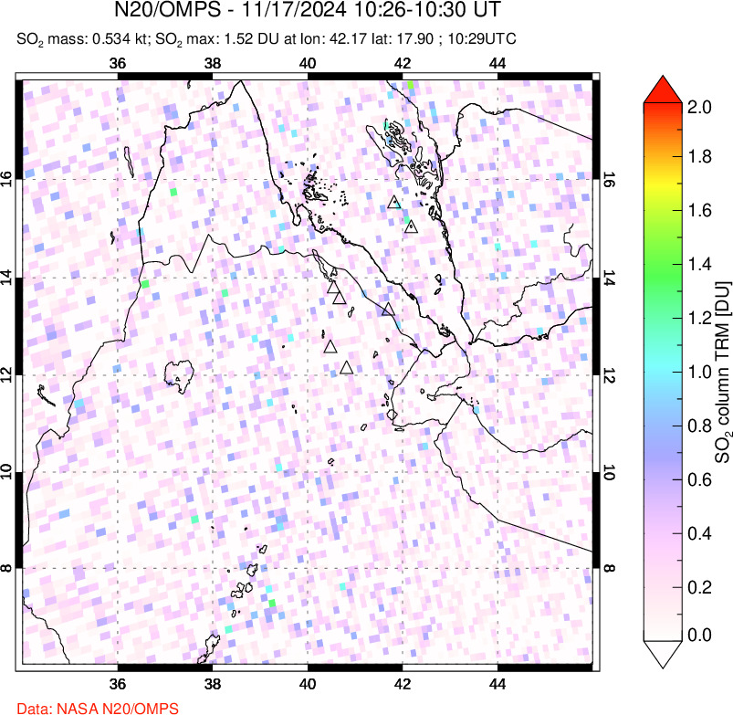 A sulfur dioxide image over Afar and southern Red Sea on Nov 17, 2024.